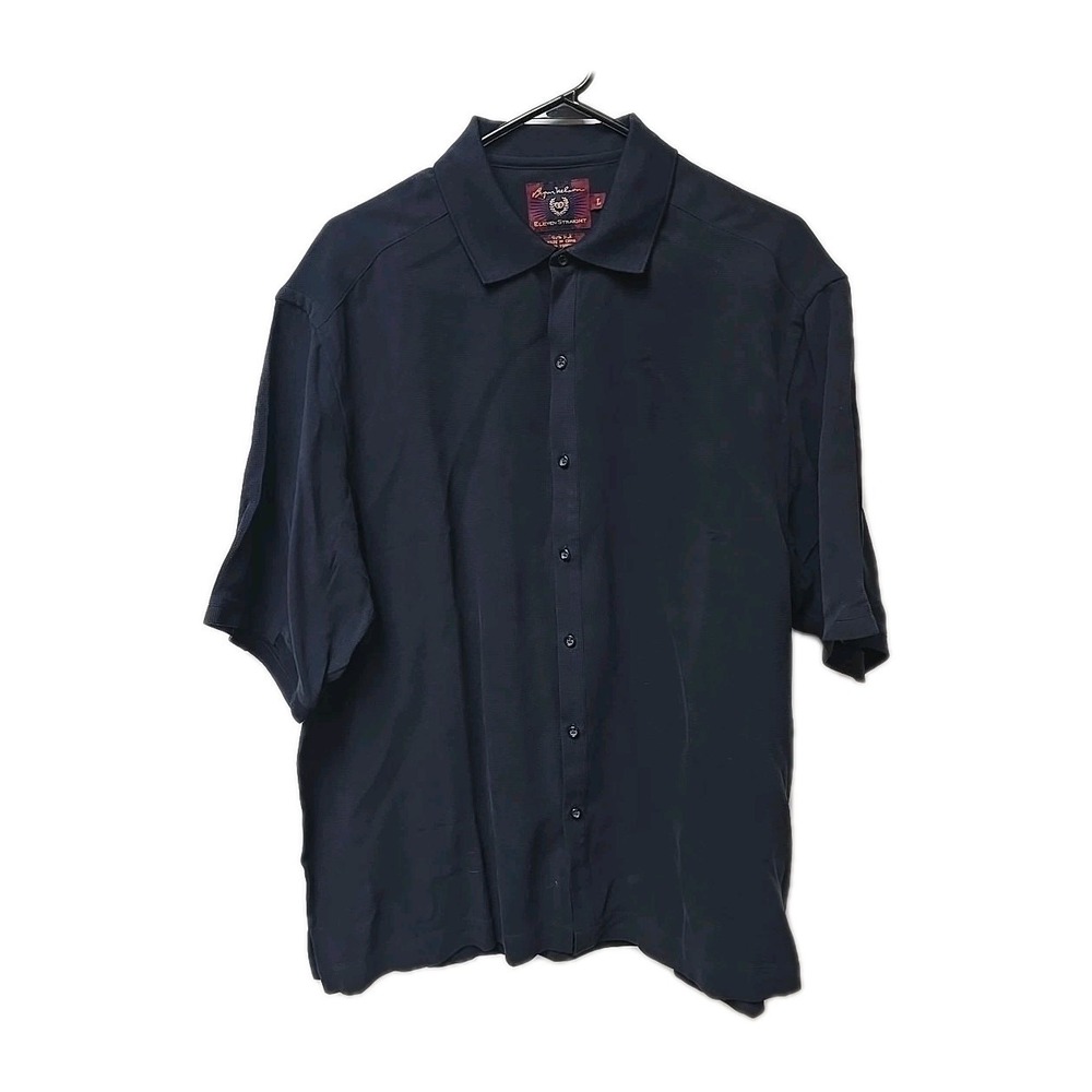 Byron Nelson Eleven Straight Men's XL Short Sleeve 100% Silk Shirt Navy Waffle